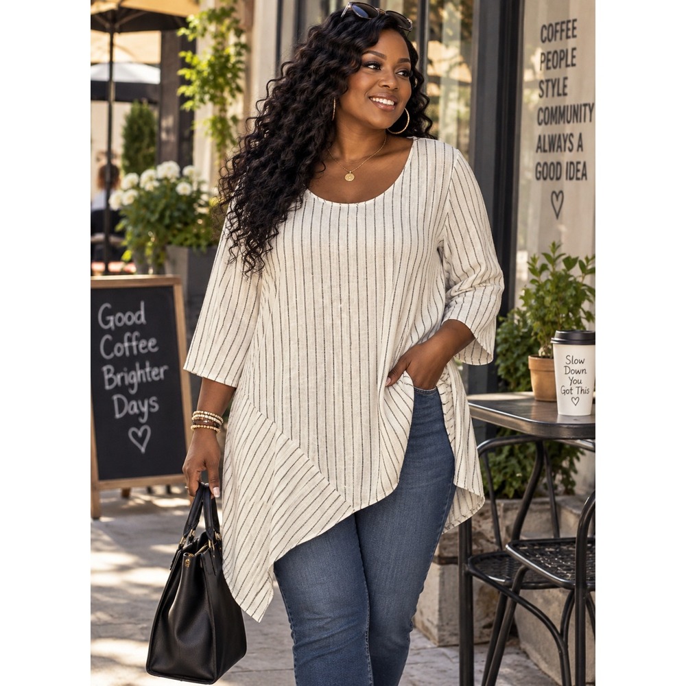 Jones New York JNY Women 1X Tunic Top Cream Gold Metallic Stripe Asymmetric Hem